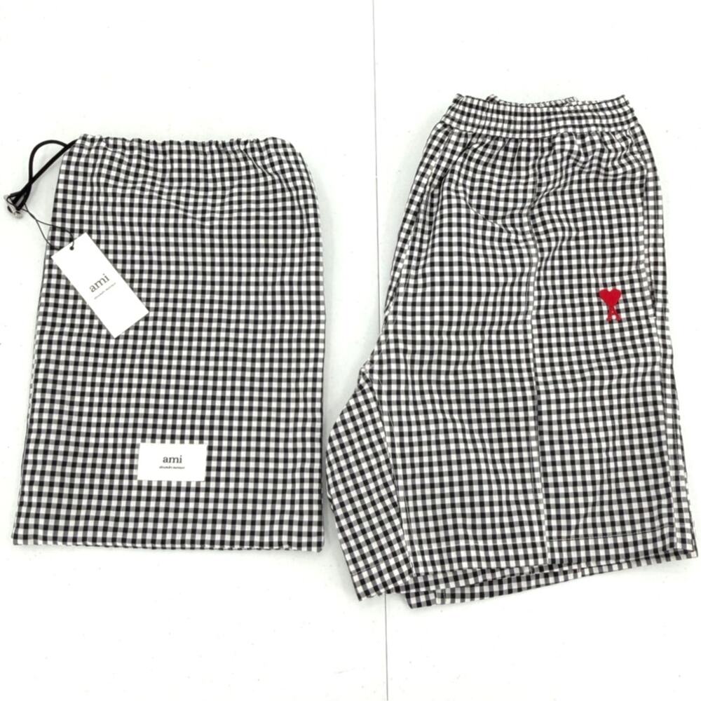 NWT AMI Men's Gingham Small Heart Black/Noir Swim Shorts w/Pouch, SMALL